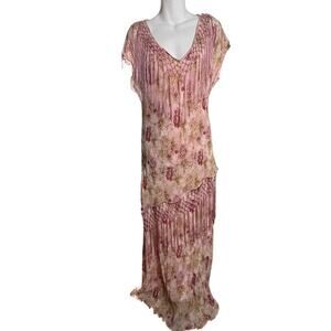 Vintage 90s Y2K Floral Fringe Pink Temptation Large Flapper Style Max Dress Set